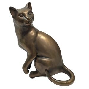 Vintage 1990s Modernist Cat Bronze Effect Resin Figurine - Marked O.T.T. 7" Tall